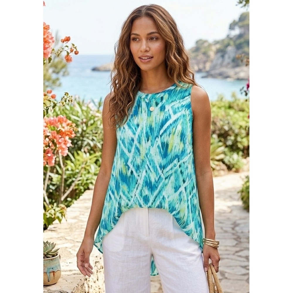 Susan Graver Turquoise Blue Green Ikat-Print Sleeveless Top